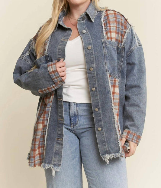 Jade By Jane - Plaid Color Block Jacket With Unfinished Hem - Plus