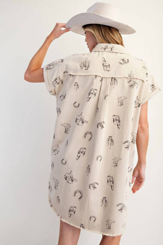 Easel - Western Printed Washed Twill Shirt Dress