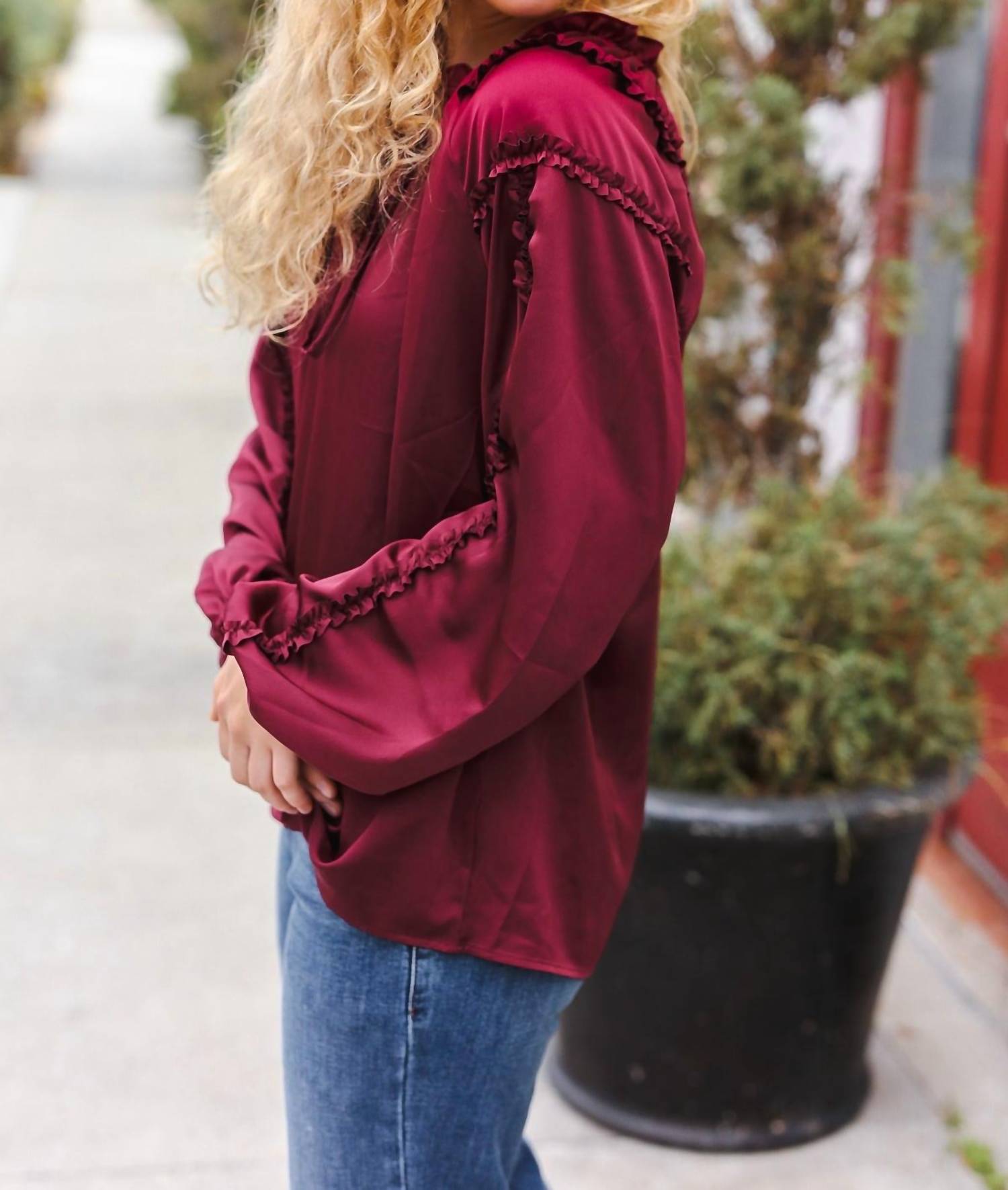 Haptics - Frilled Mock Neck Satin Top