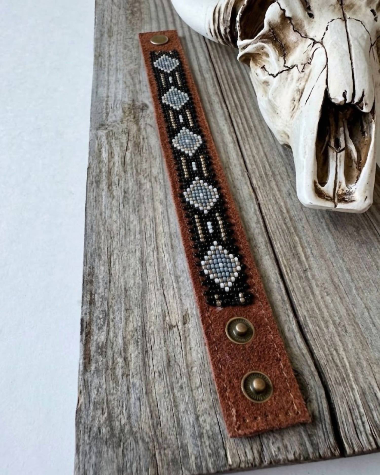 Boho Ranch - Women's Western Aztec Seed Bead Leather Cuff Bracelet