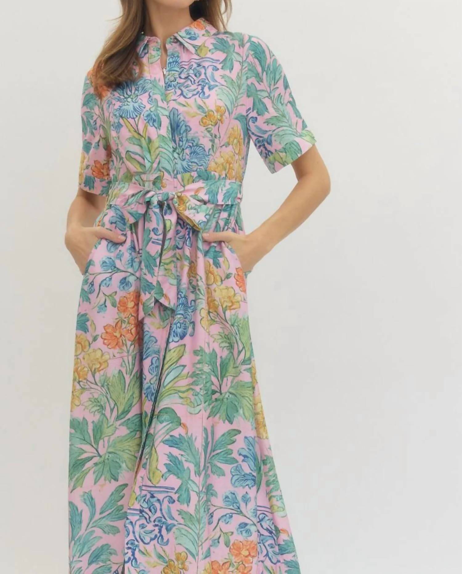 Entro - Puff Sleeve Midi Dress With Tie Waist
