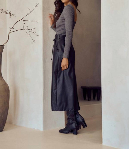 Lalavon - Great Escape Waist Tie Faux Leather Midi Skirt