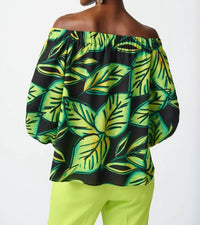 Joseph Ribkoff Lilibeth Leaf Printed Georgette Off The Shoulder Top in multi - women's blouse - detail view