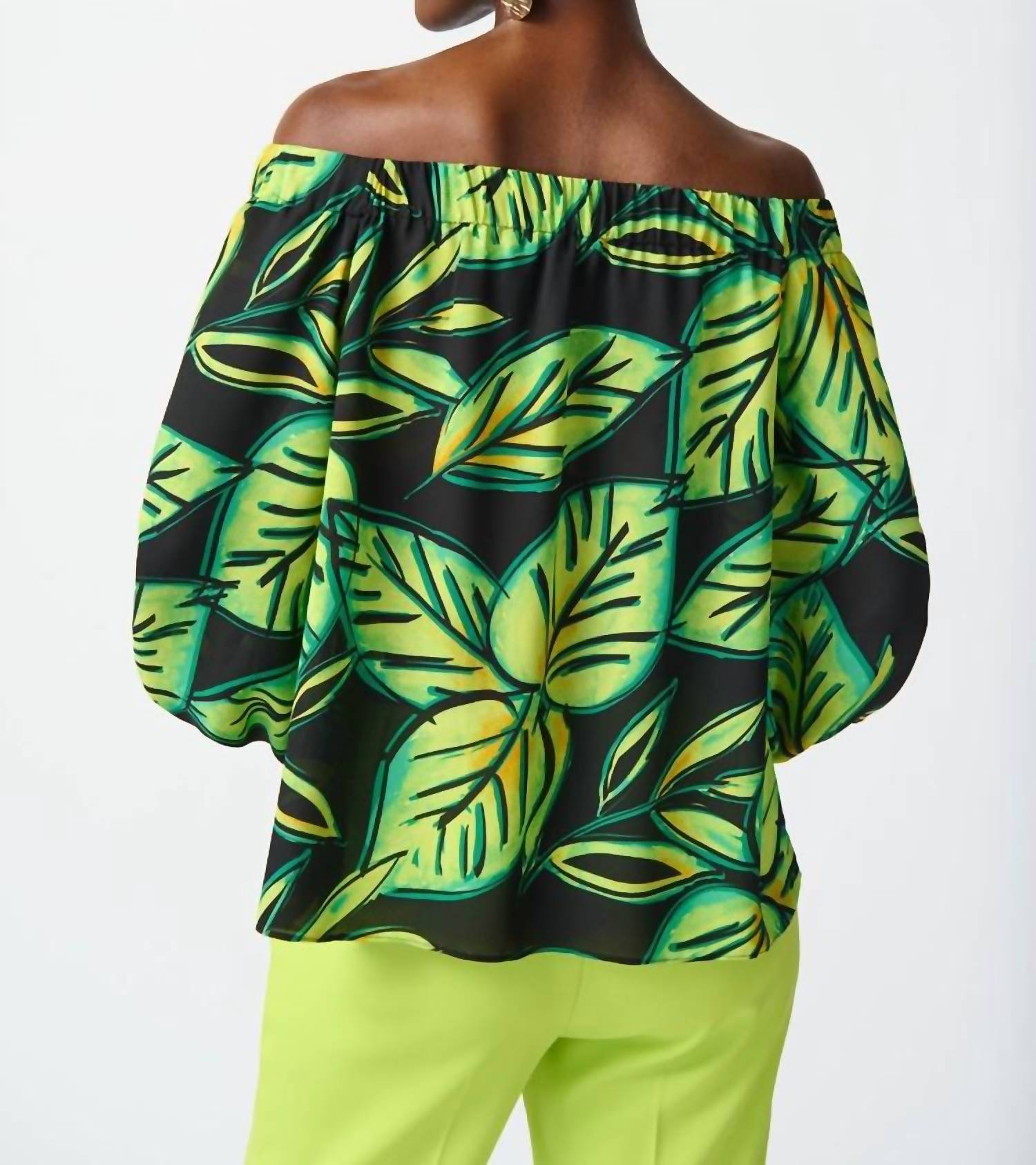 Joseph Ribkoff Lilibeth Leaf Printed Georgette Off The Shoulder Top in multi - women's blouse - detail view