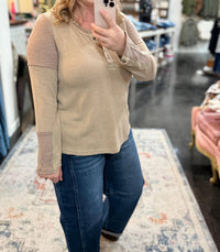 Listicle Keep It On Long Sleeve Button Down Top in taupe - women's blouse - view 4