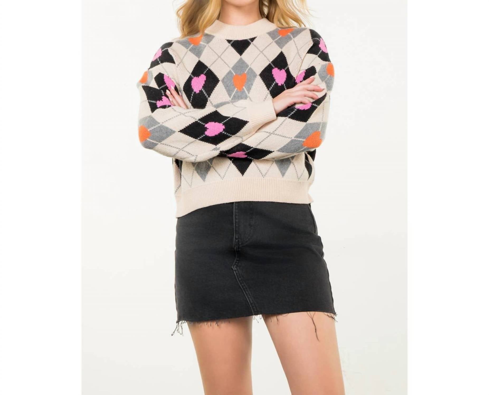THML Argyle Pattern Knit Sweater in cream - women's sweater - view 9