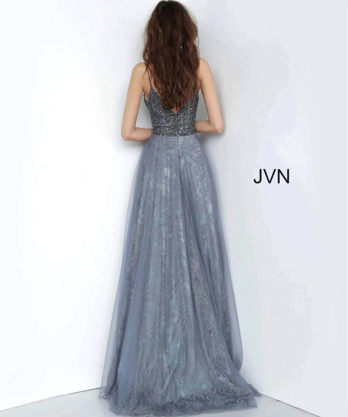 JOVANI Lace Skirt V-neck Dress in grey - women's dress - detail view