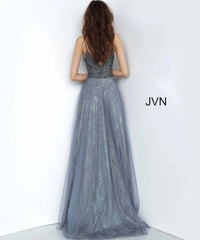 JOVANI Lace Skirt V-neck Dress in grey - women's dress - detail view