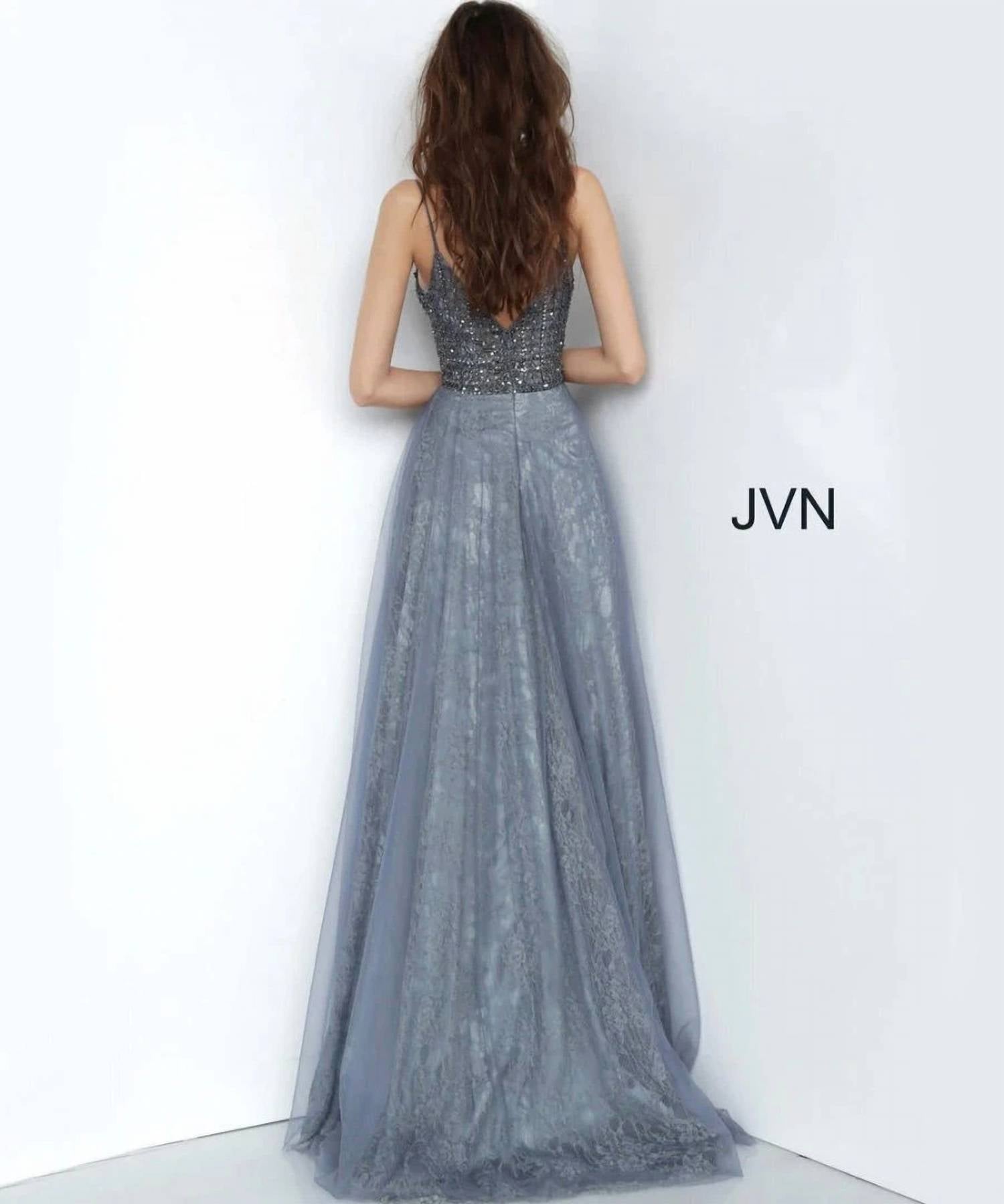 JOVANI Lace Skirt V-neck Dress in grey - women's dress - detail view