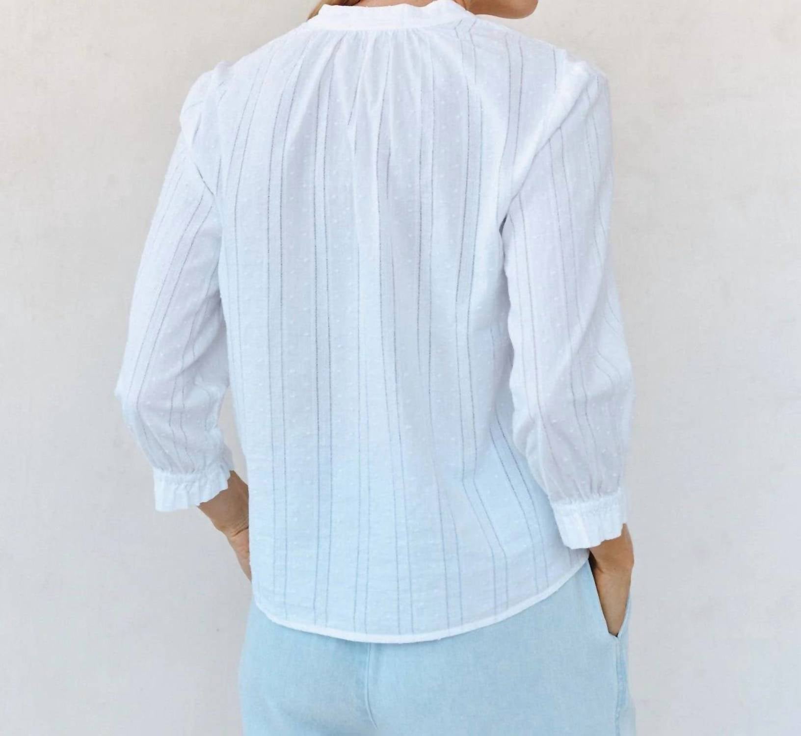 Bella Dahl 3/4 Sleeve Tie Neck Blouse in white - women's shirt - detail view