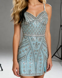 JOVANI Beaded Sweetheart Corset Mini Dress in light blue - women's dress