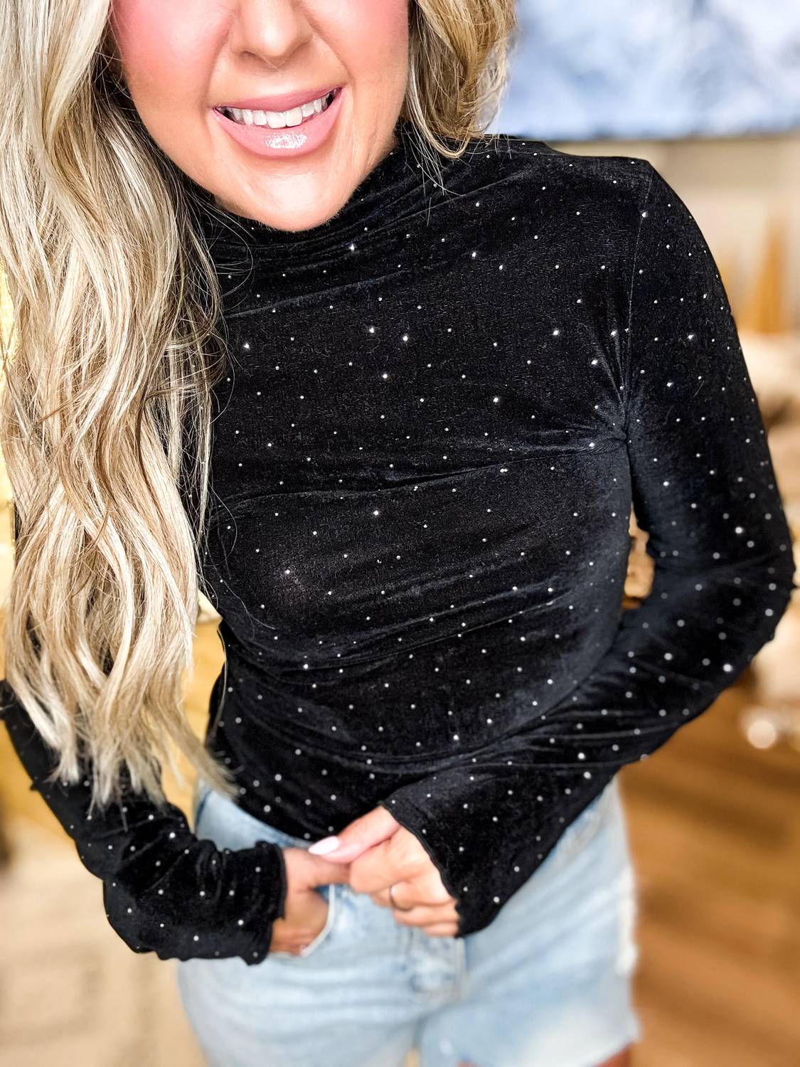Very J - Stone Velvet Sparkle Fitted Top