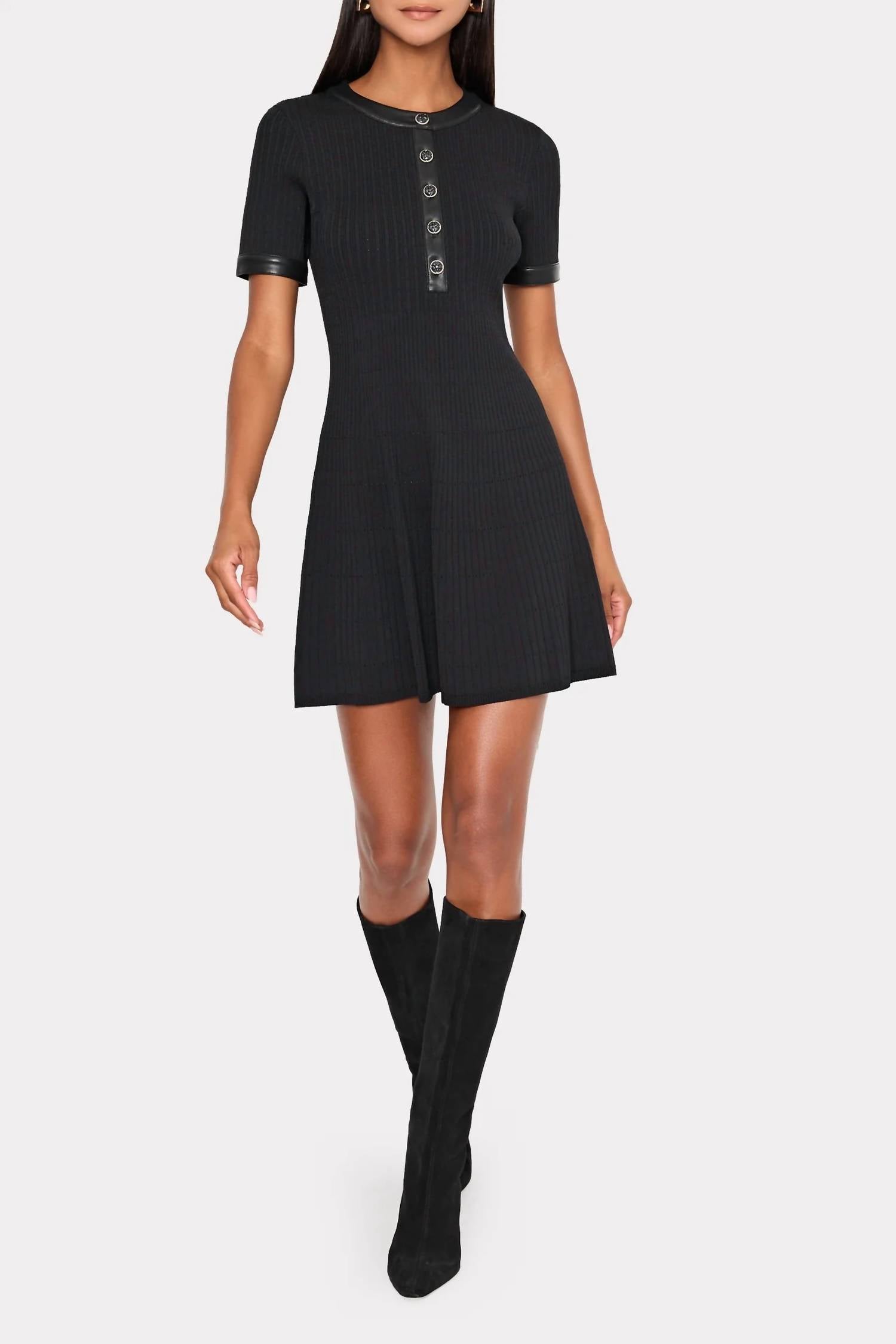 Milly - Leather Detail Flare Knit Mini Dress