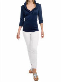 GRETCHEN SCOTT Jersey Ruffneck Top in solid navy - women's blouse - detail view