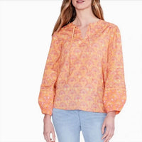 Nic + Zoe Women's Swan Rays Necktie Boho Top in orange multi - women's long sleeve top