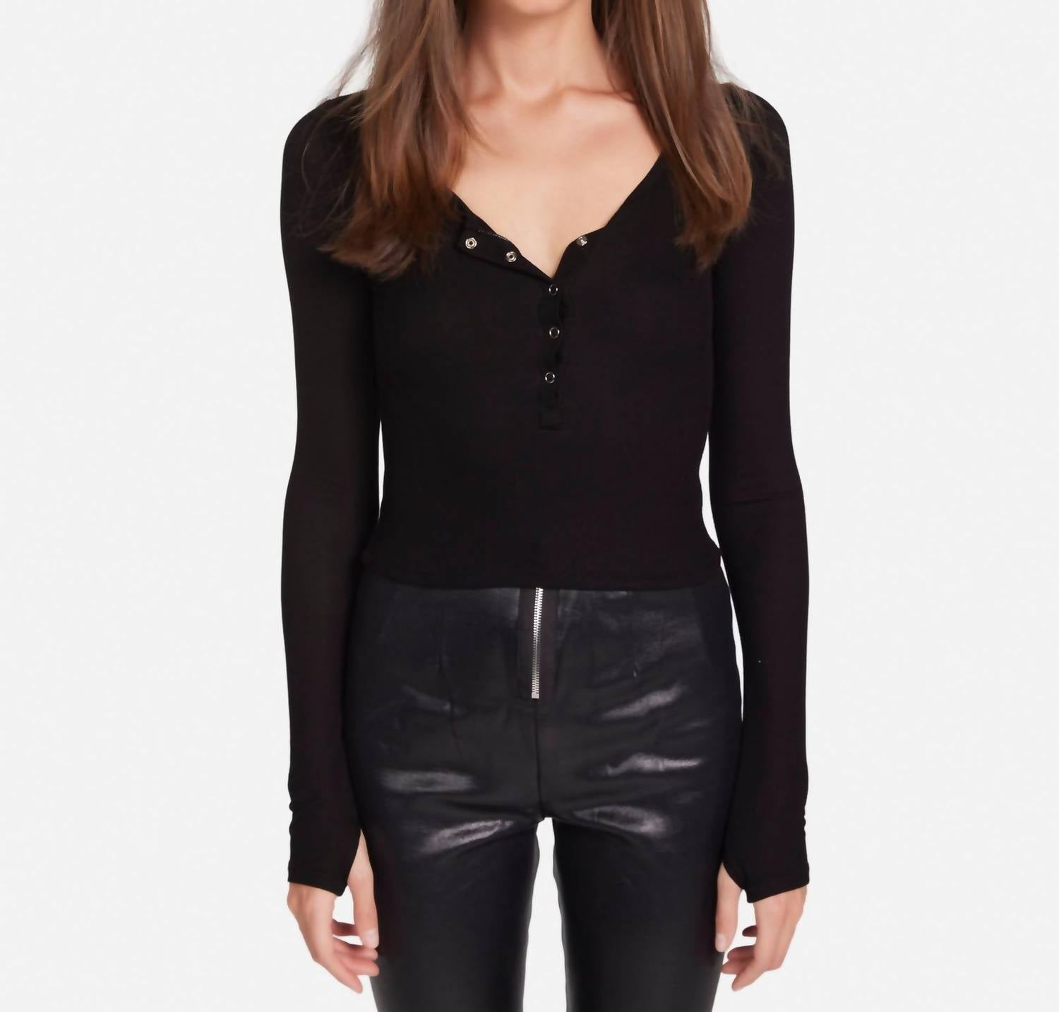 Michael Lauren - Reghan Crop Long Sleeve Scoop Neck Henley Top