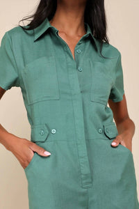 Lulus Cuteness Awaits Linen Collared Short Sleeve Romper in green - women's pants - view 4