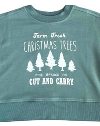 babysprouts Kid's Farm Fresh Christmas Trees Boxy Sweatshirt in green - kids' shirt - detail view