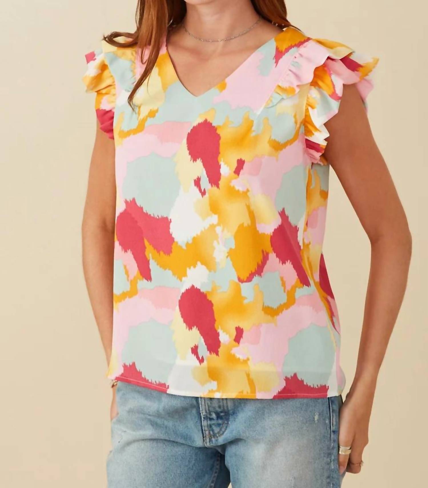 Hayden La - Jolene Abstract Ruffle Tank Top