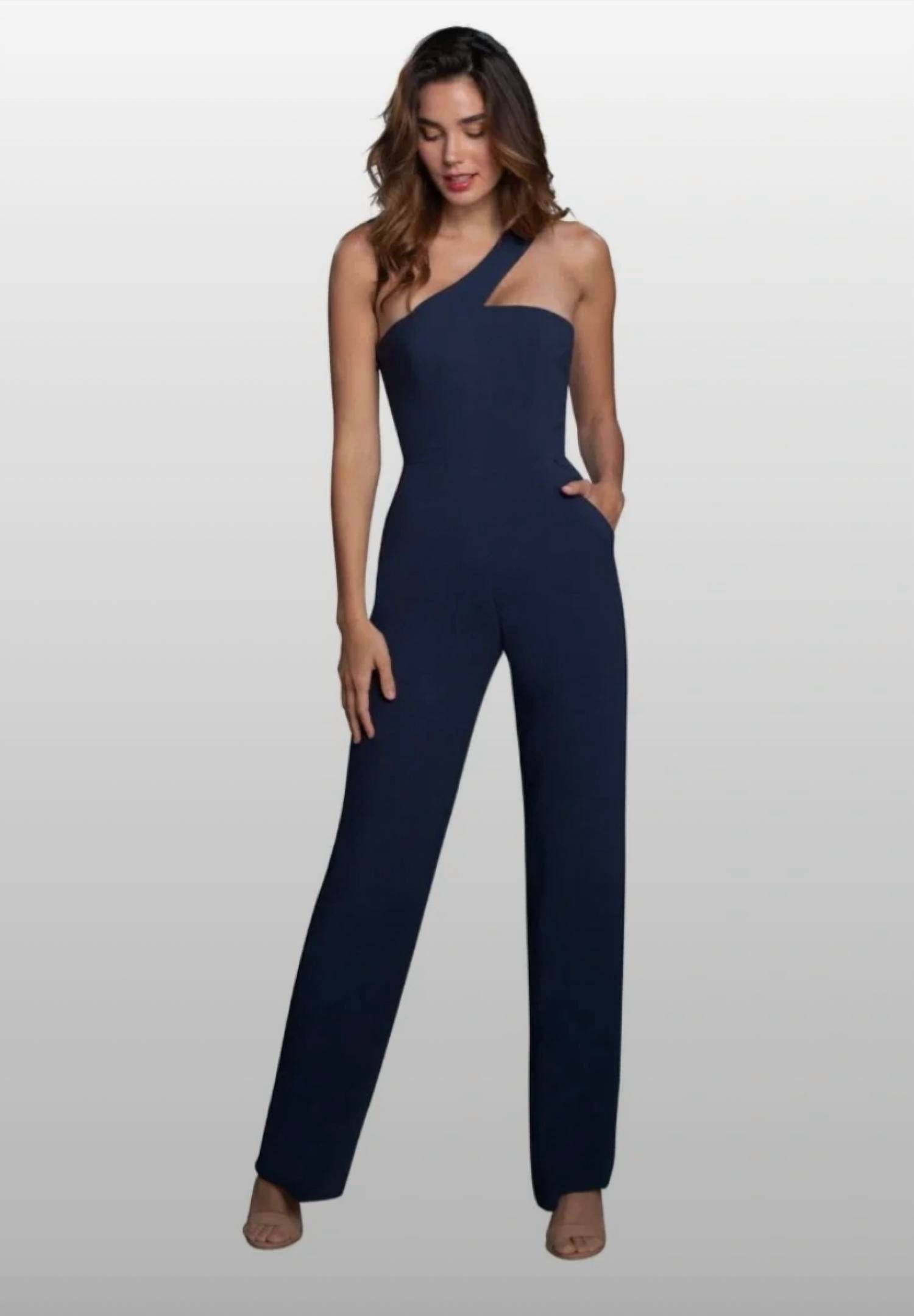 Dress The Population - One Shoulder Pockets Jumpsuit
