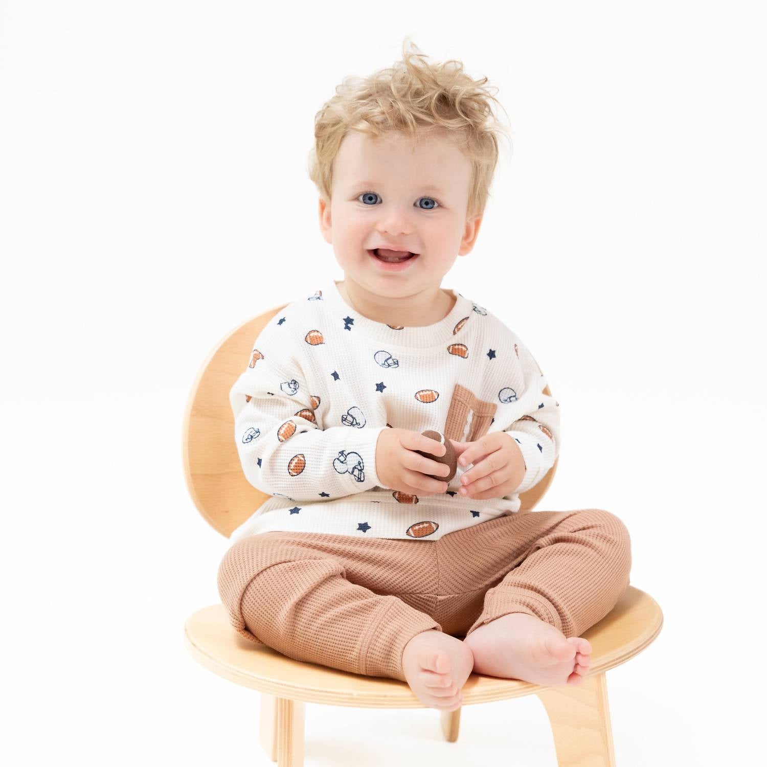 Angel Dear - Boy's Footballs And Stars Waffle Knit Drop Sleeve Shirt With Pocket And Jogger