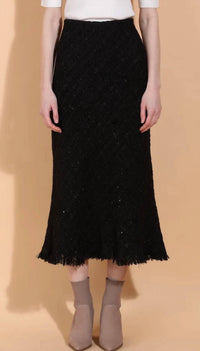 Jessie Liu - Tweed Trumpet Raw Hem Midi Skirt