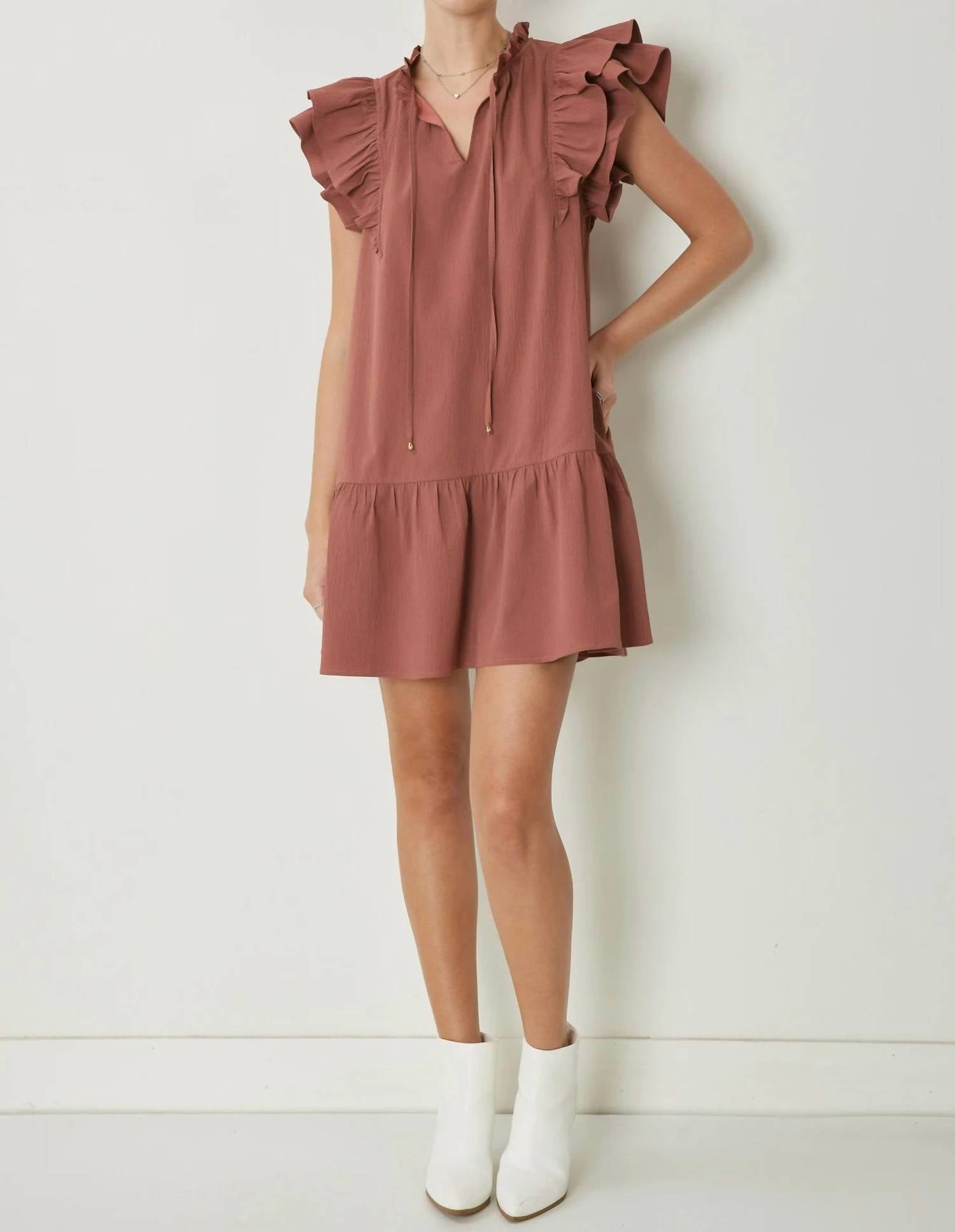 Entro - V-neck Ruffle Sleeve Tiered Mini Dress