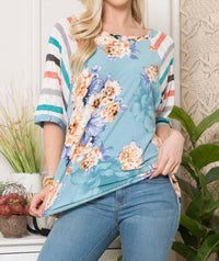 Celeste - Denim Floral Stripe Sleeve Top - Plus