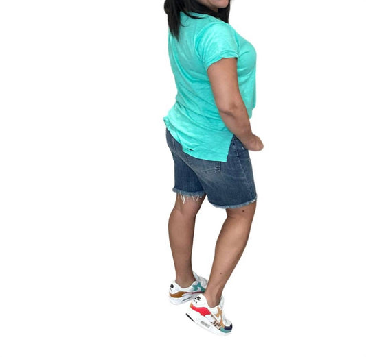 Risen - High Rise Distressed Mid Thigh Shorts