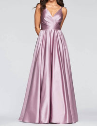 Faviana - V-Neck Pleated Satin Gown