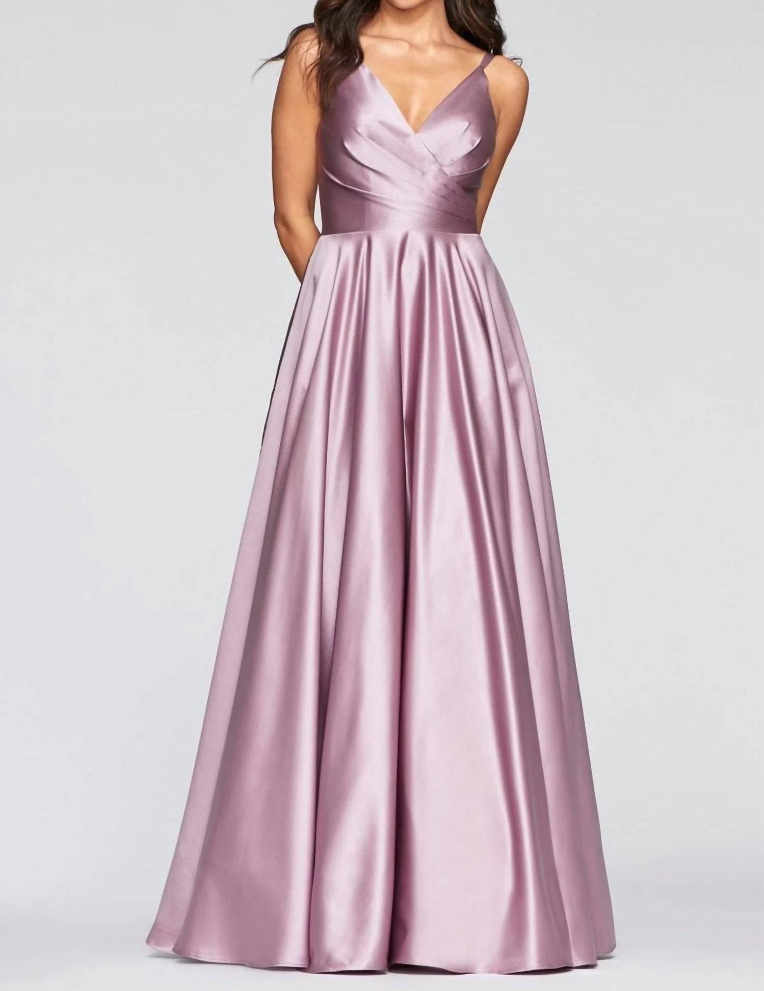 Faviana - V-Neck Pleated Satin Gown