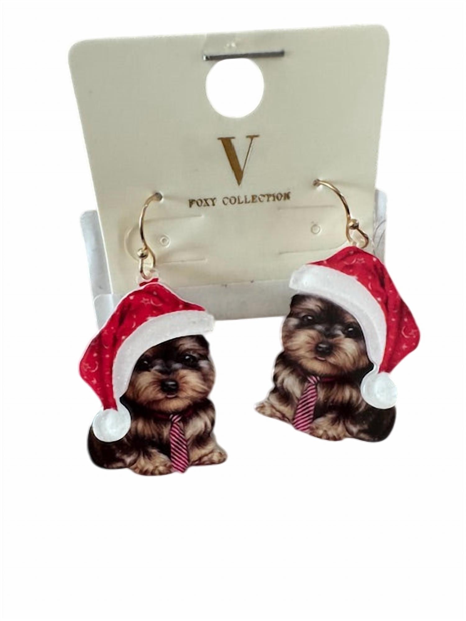 V Foxy Collection - Women's Yorkie Santa Hat Holiday Earrings