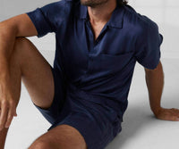 Lunya Men's Washable Silk Button Up Short Set in deep blue - men's item - detail view