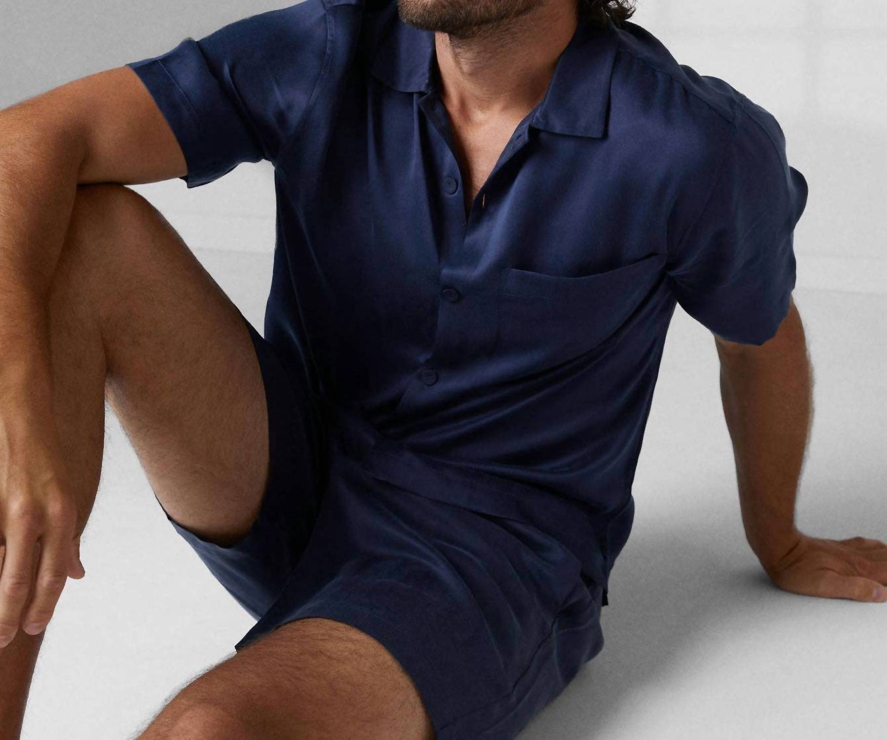 Lunya Men's Washable Silk Button Up Short Set in deep blue - men's item - detail view