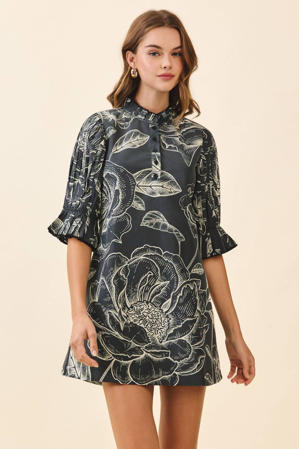 Tcec - Floral Print High Neck Ruffle Trim Mini Dress