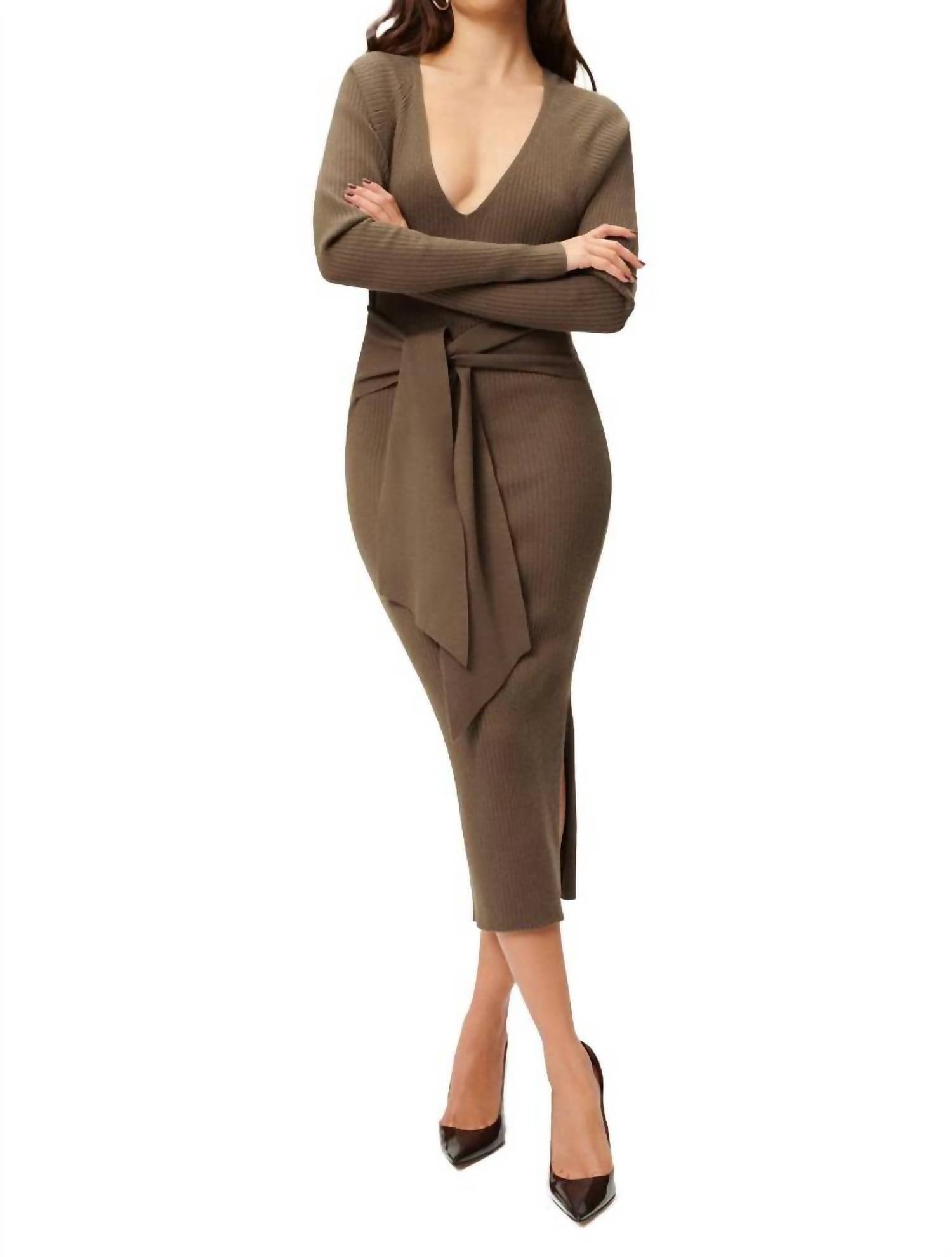 GOOD AMERICAN Long Sleeve Belted Body Dress in sepia - women's dress