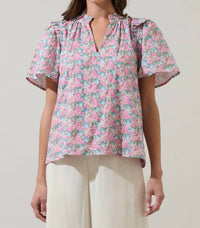 SUGARLIPS Gemalee Eyelet Mei Split Neck Top in pink green - women's blouse