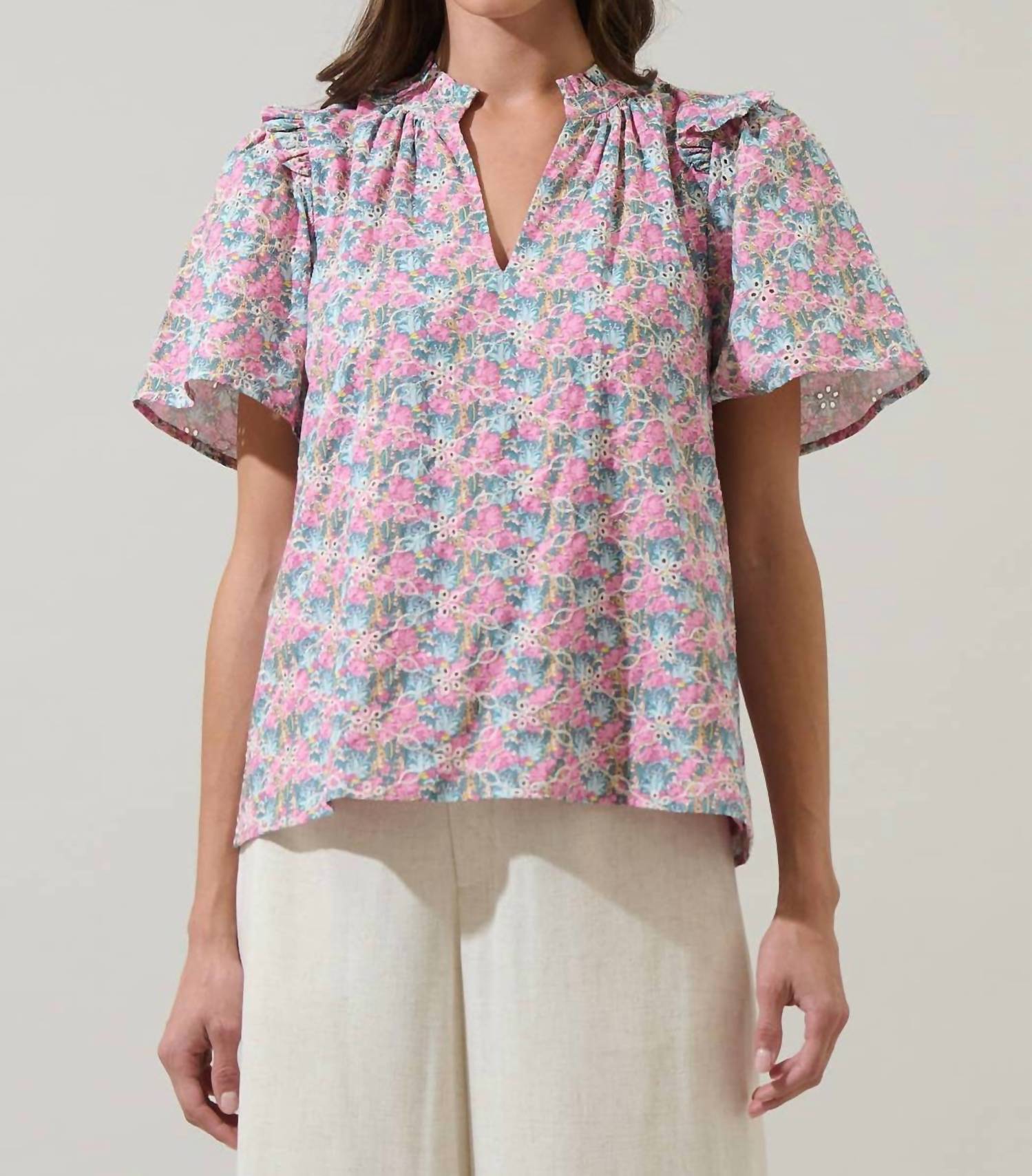 SUGARLIPS Gemalee Eyelet Mei Split Neck Top in pink green - women's blouse