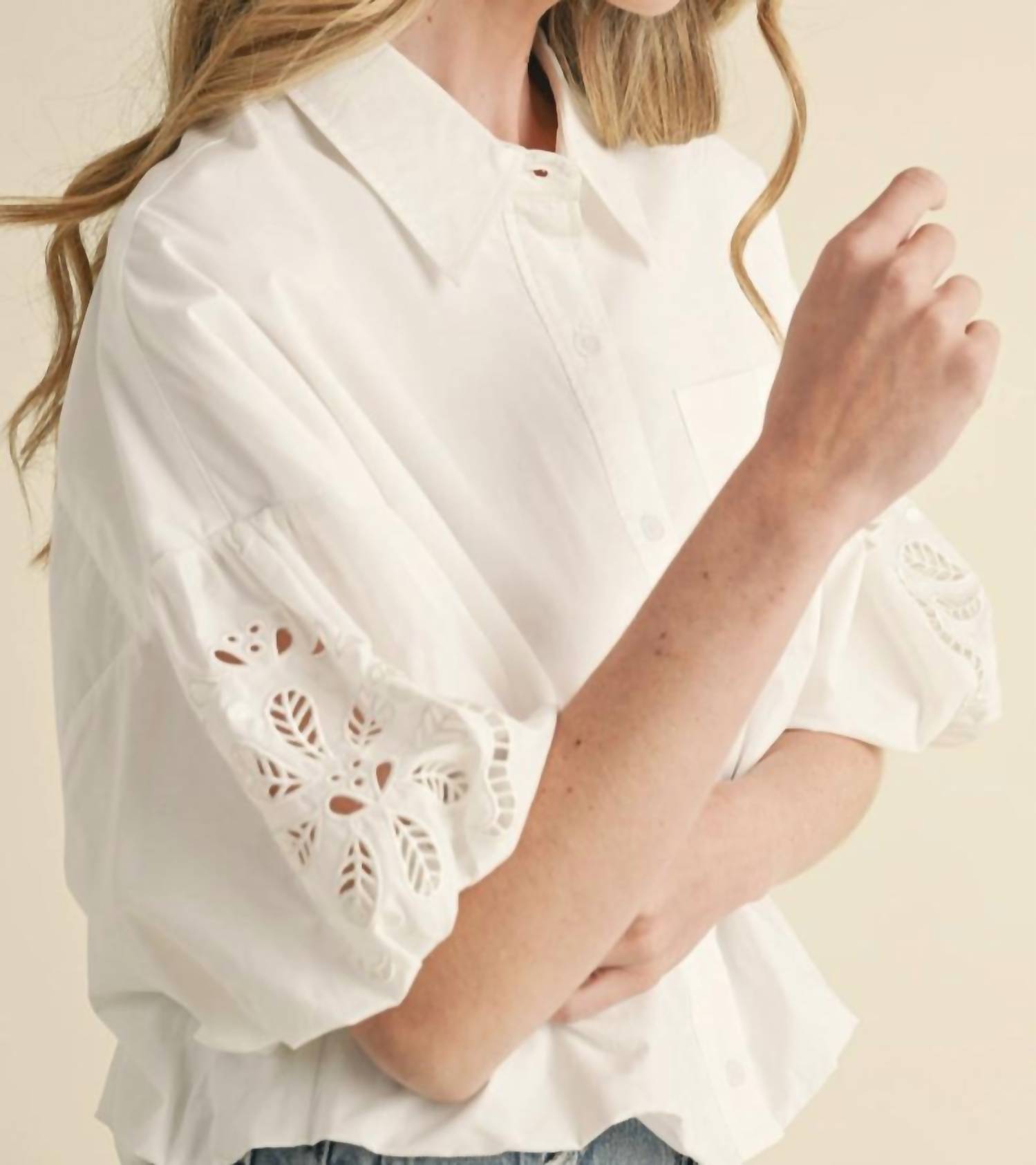 Merci - Cut Out Embroidered Bubble Sleeve Top