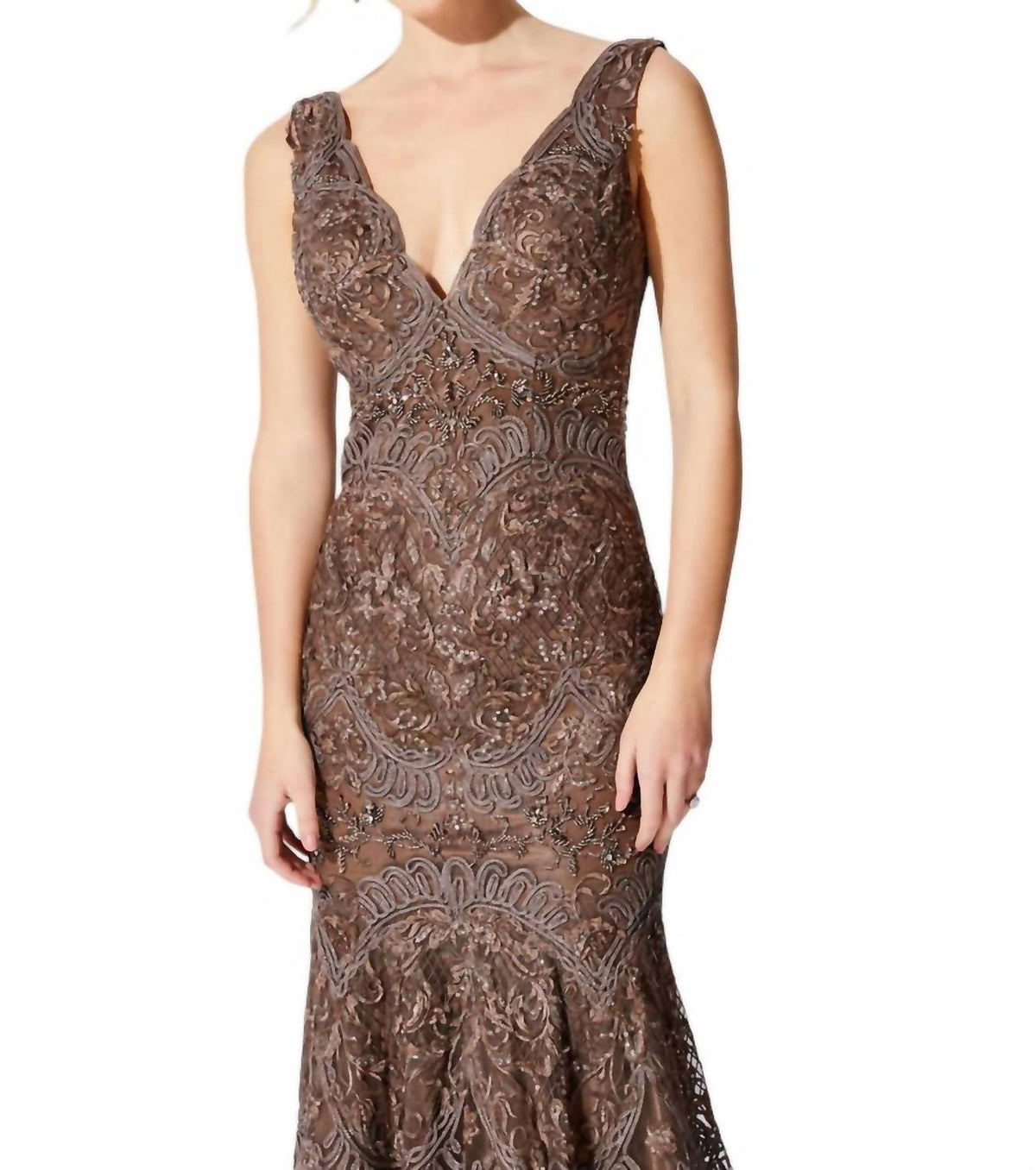 Ivonne D - Beaded Tulle V-neck Mermaid Gown