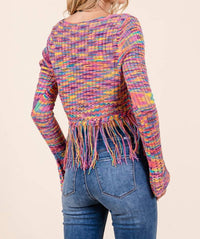 Fate - Marled Yarn Lace Up Front Fringe Hem Sweater