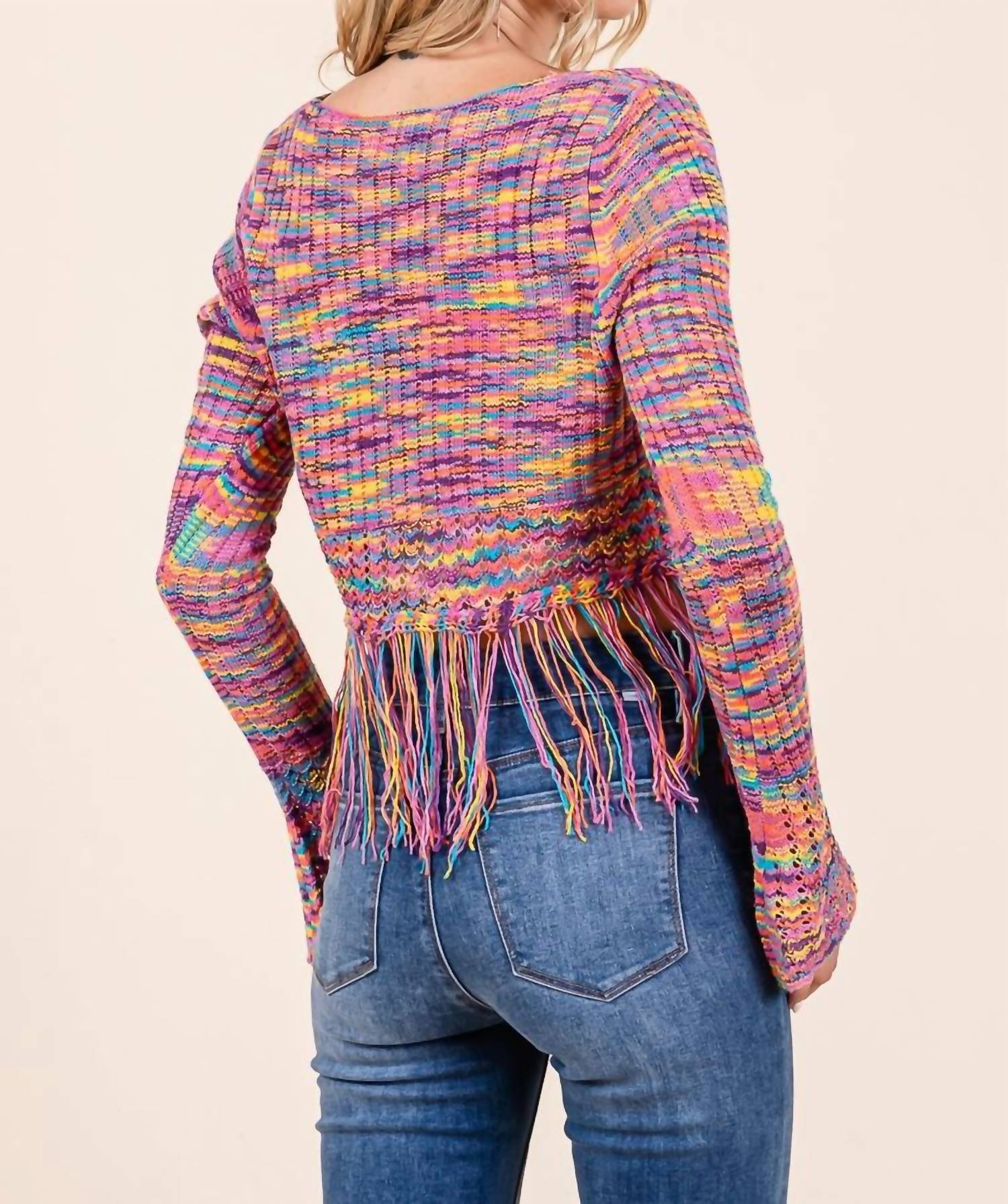 Fate - Marled Yarn Lace Up Front Fringe Hem Sweater
