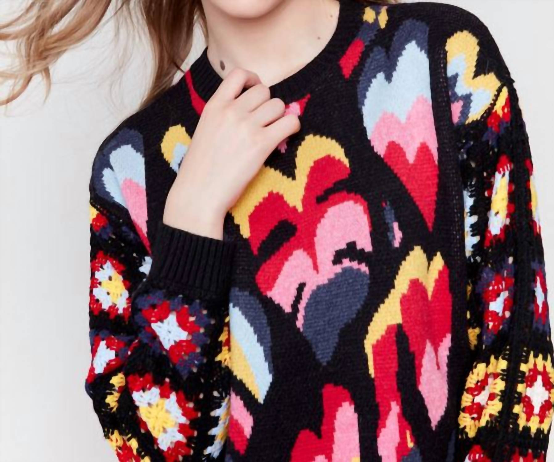 Charlie B - Jacquard Layered Hearts Crew Neck Sweater