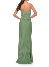 La Femme Ruched Jersey Dress with Slit in sage - women's dress - detail view