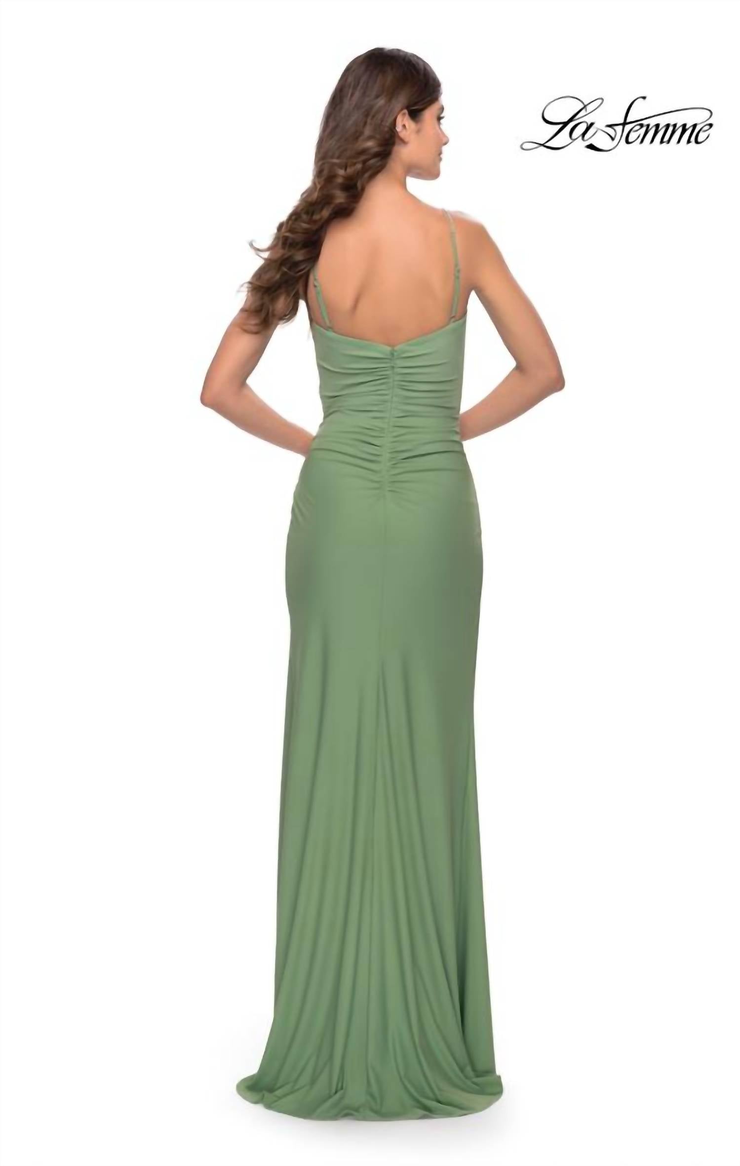 La Femme Ruched Jersey Dress with Slit in sage - women's dress - alternate view
