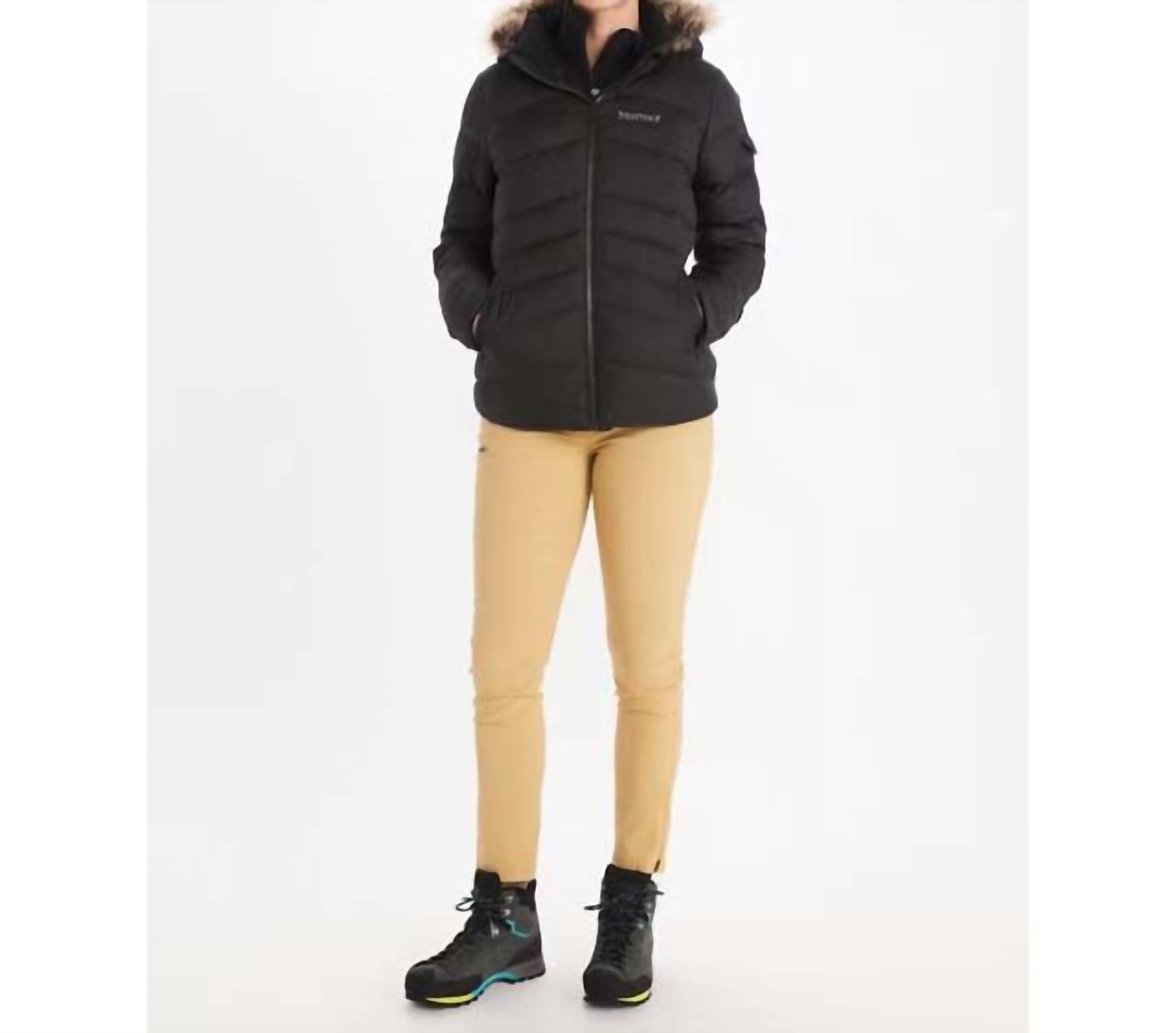 MARMOT Ithaca Lightweight Faux Fur Trim Puffer Jacket in black - women's jacket - alternate view