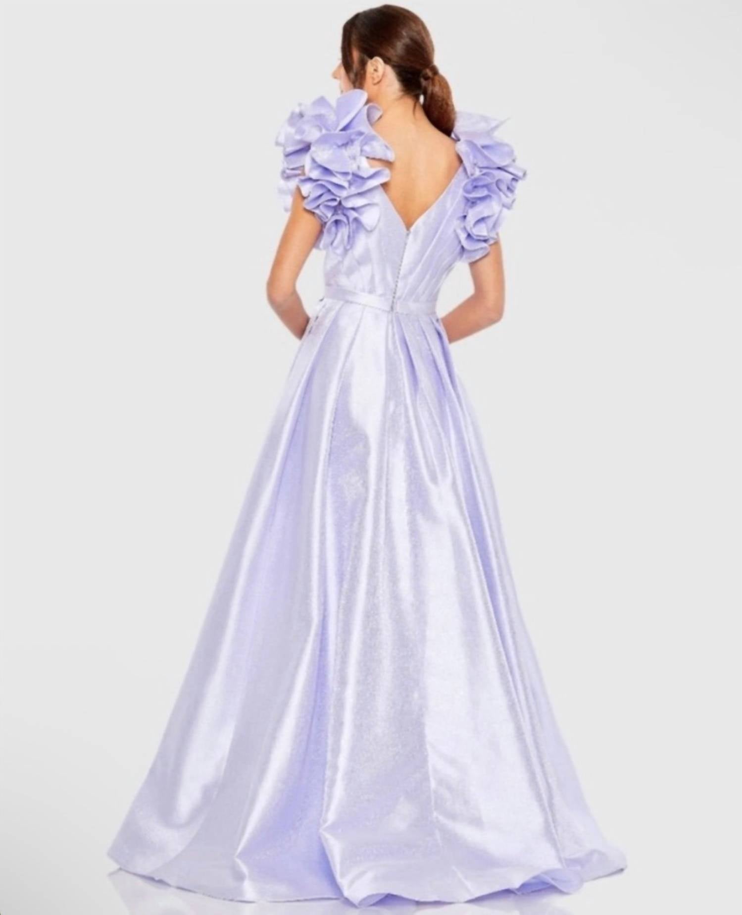 MAC DUGGAL Ruffle Flutter Sleeve Ball Gown in periwinkle - women's dress - detail view