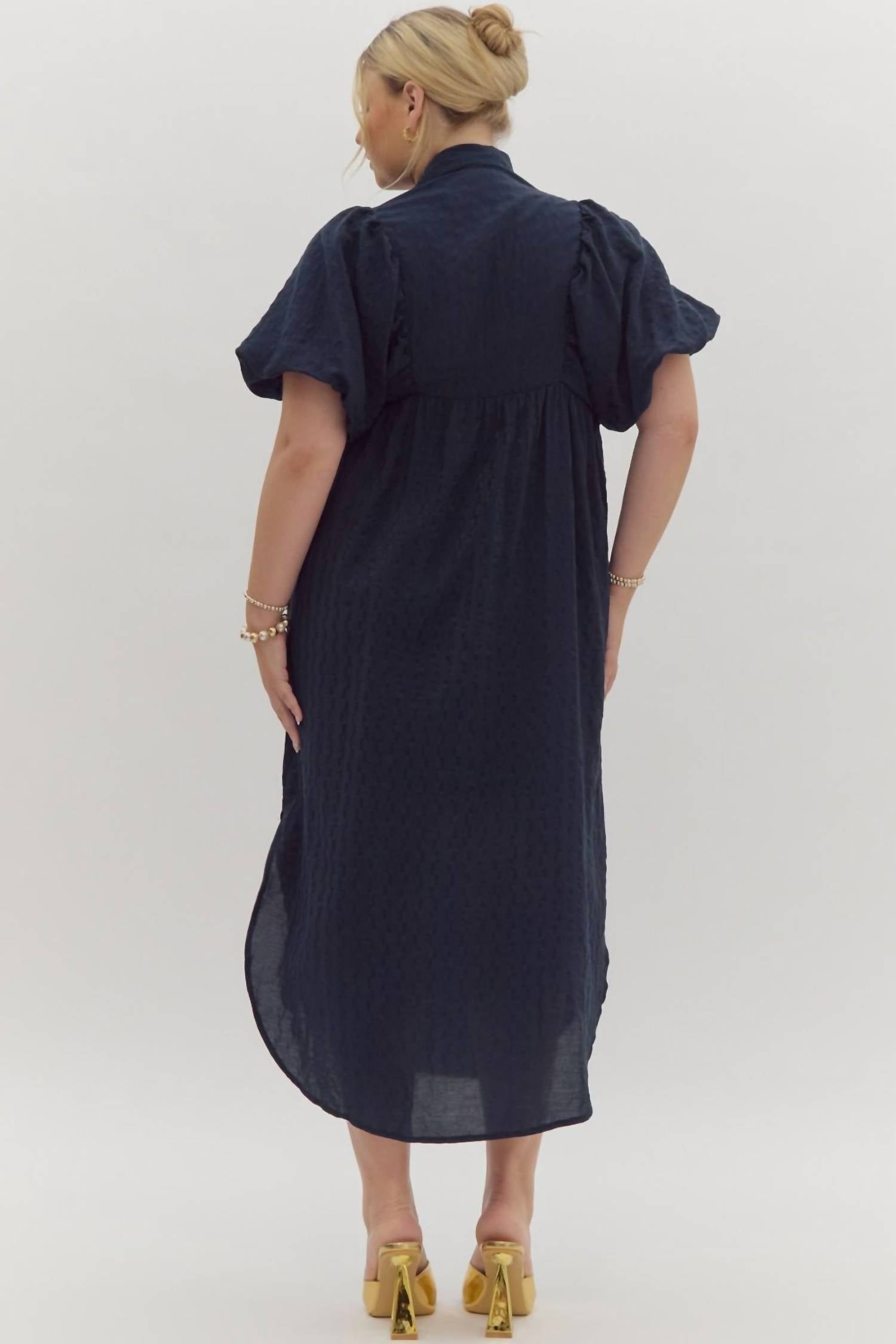 Entro - Textured Puff Sleeve Midi Dress - Plus