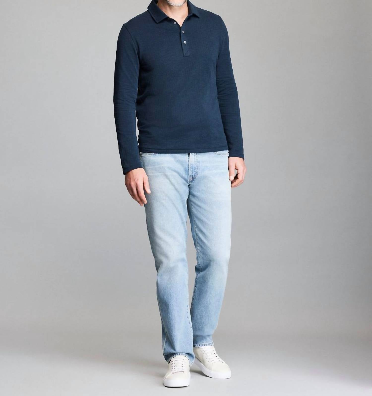 Billy Reid Long-sleeve Herringbone Polo in carbon blue - women's long sleeve top