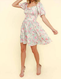 Kori - Ribbon Sweatheart Neck Smocked Floral Dress